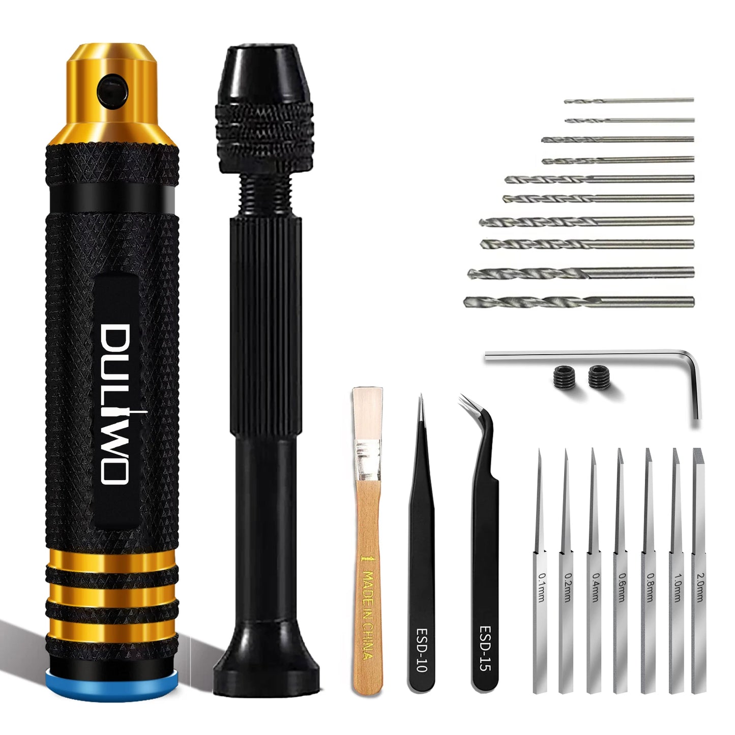 11/21-Piece Needle Vise Set – Hand Twist Drill with Double Bearing and Interchangeable Rotary Bits of Various Sizes