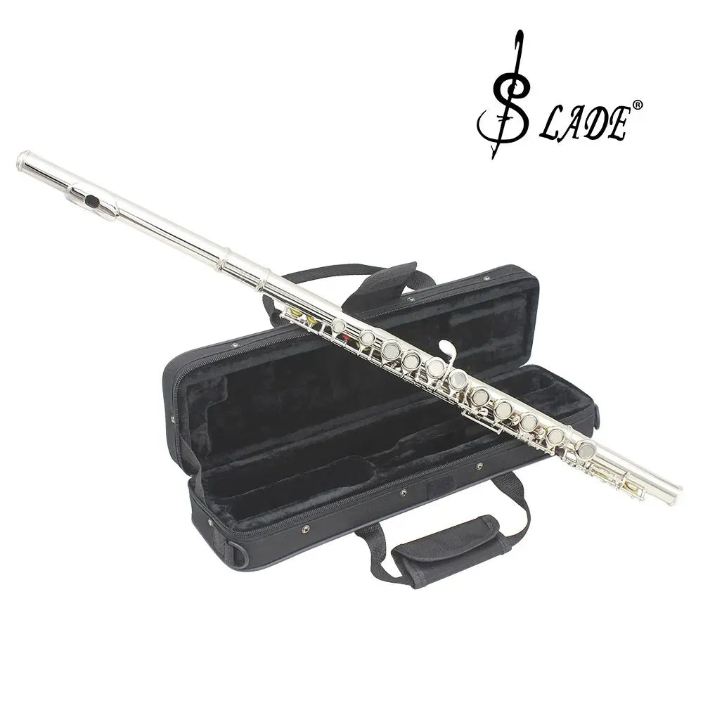 SLADE 16 Closed/Opened Hole C Key Professional Transverse Flute – Concert Musical Instrument with Box, Cleaning Cloth, Stick & Gloves