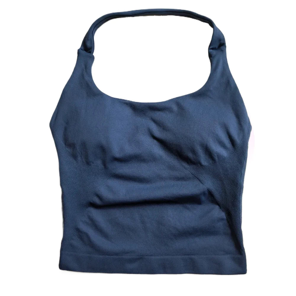 Women’s Strappy Gym Tank Top – Padded Sports Bra Backless Seamless Yoga Crop Top Halter Fitness Vest Activewear