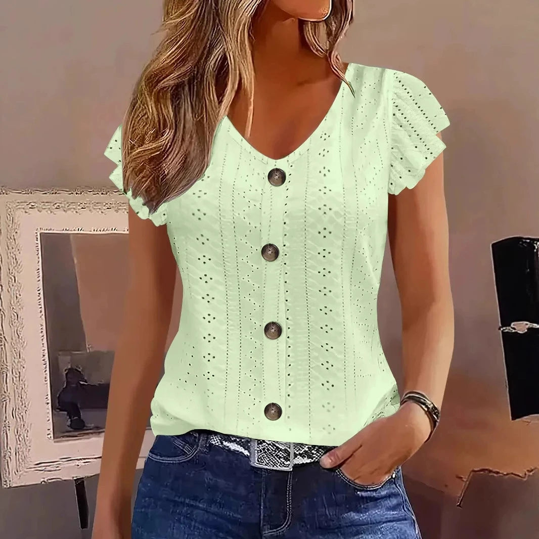 2025 Women’s Spring/Summer Fashion T-Shirt – Stylish Commute Casual V-Neck with Ruffle Sleeves, Solid & Multi-Color Options