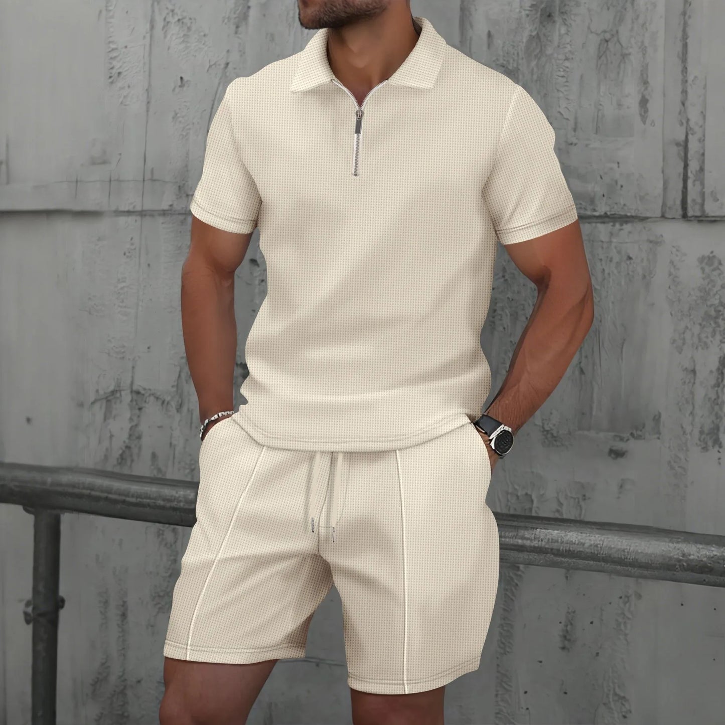 2025 Men's Summer Waffle Knit Short Set – Solid Color Zip-Up Lapel Shirt & Shorts | European & US Style