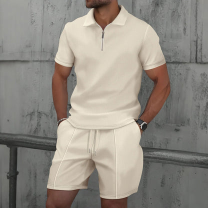 2025 Men's Summer Waffle Knit Short Set – Solid Color Zip-Up Lapel Shirt & Shorts | European & US Style