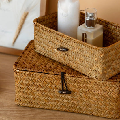 Hand-Woven Seaweed Storage Basket with Lid - Multi-Purpose Sundries Organizer, Cosmetic, Toy, and Clothes Container