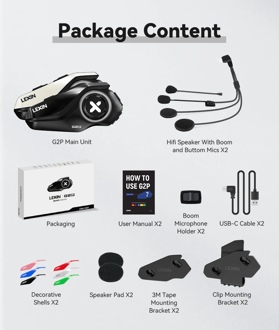 Lexin G2P Motorcycle Helmet Bluetooth Intercom – Hands-Free Communicator for Up to 6 Riders with FM Radio