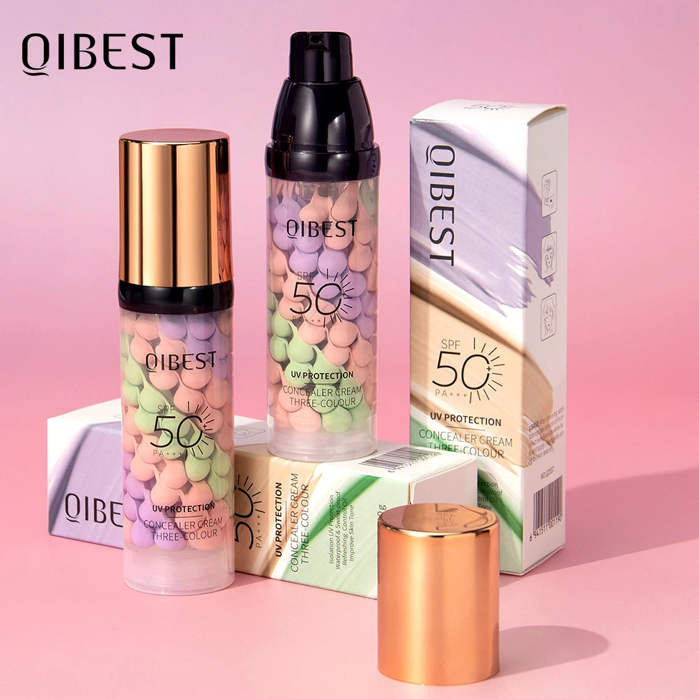 Qibest 3-Color Concealer Cream - Brightening Liquid Facial Base, Makeup Concealer & Face Primer for Even Coverage