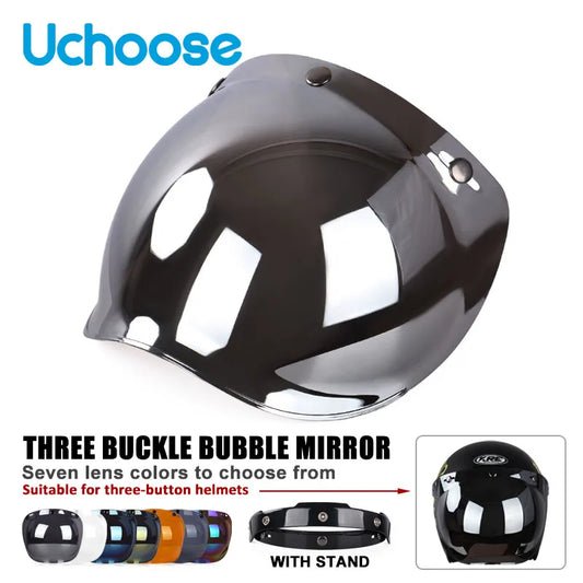 Authentic Retro Bubble Motorcycle Helmet — Three-Button Style with Mirror Lenses and Bubble Shield Visor Accessories