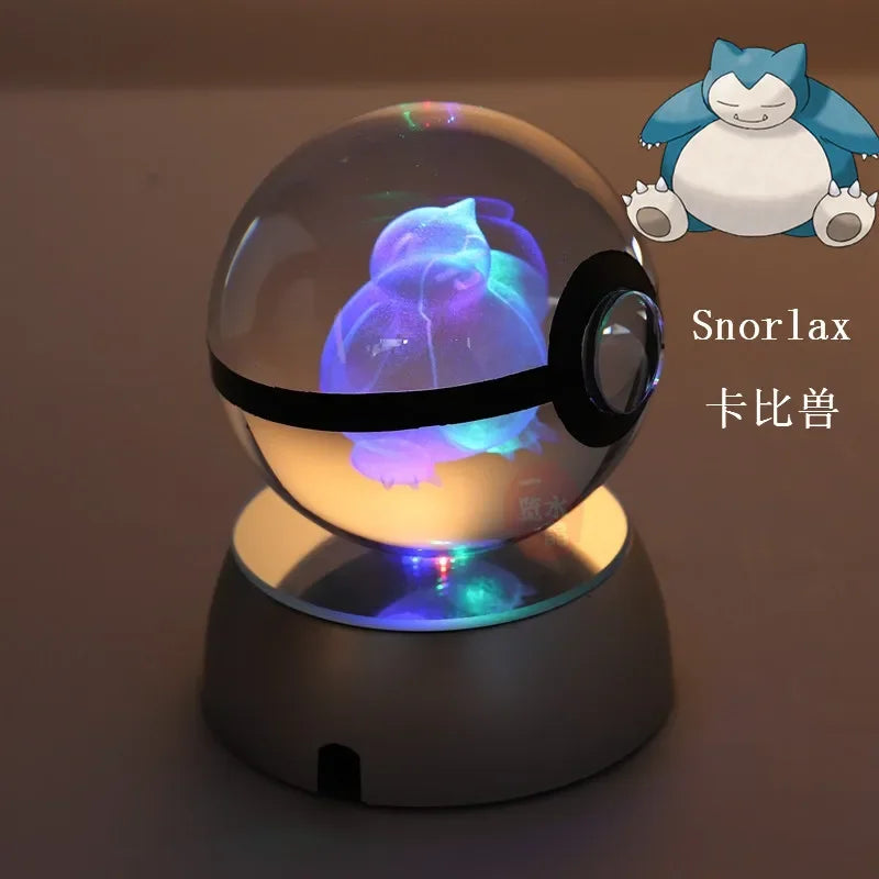 Anime Pokemon 3D Crystal Ball – Snorlax & Charizard Engraved Pokeball Figure with LED Light Base, Kids Gift