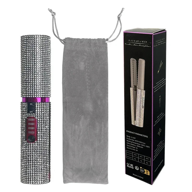 2-in-1 Wireless Hair Straightener & Curler – USB Rechargeable Diamond Design Styling Brush for Travel & Home