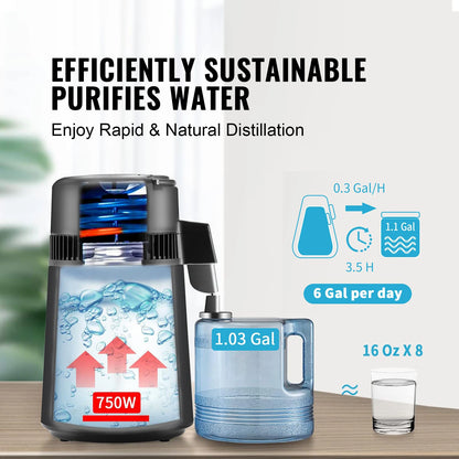 SucceBuy 4L Water Distiller – 1.05 Gallon Countertop Pure Water Purifier with 750W Filter