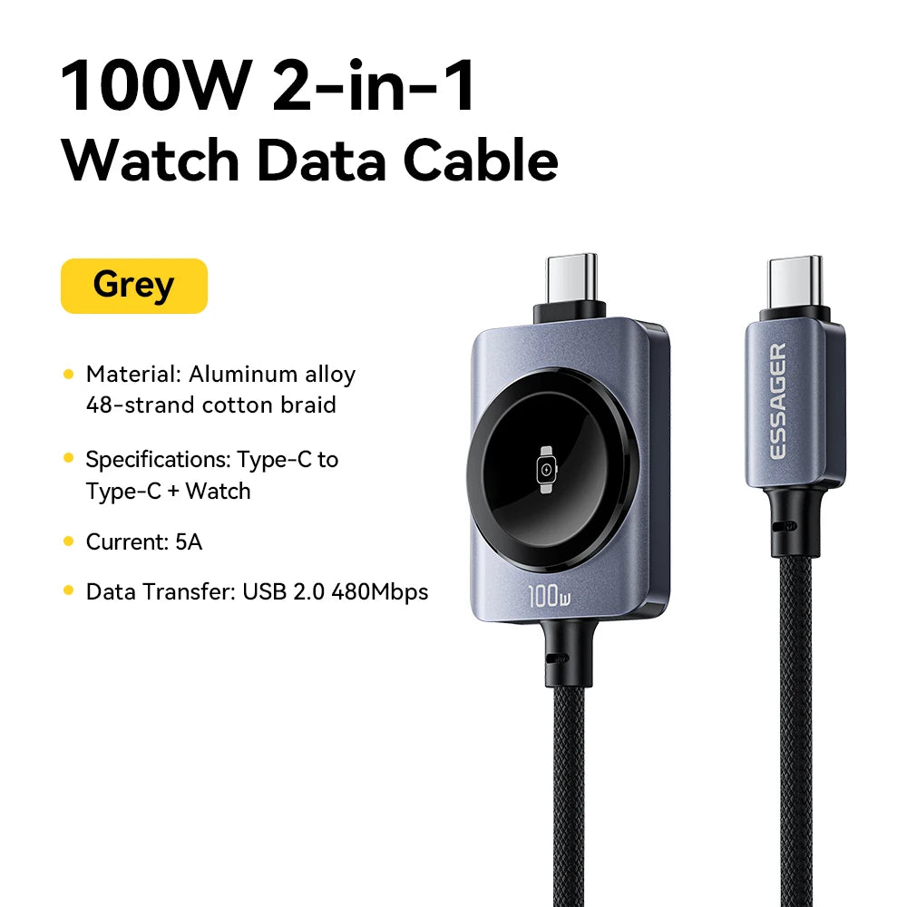 Essager 100W 2-in-1 Magnetic Charging Cable - USB-C to USB-C Fast Charger for iPhone & Apple Watch