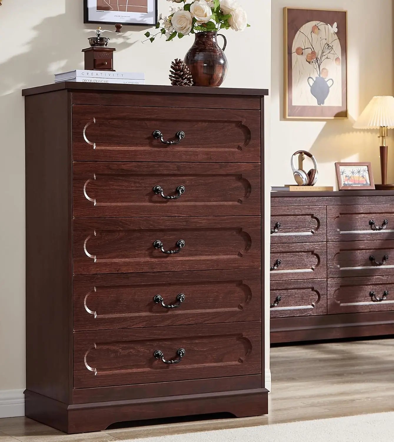 5-Drawer Farmhouse Dresser – Cherry Wood Chest of Drawers for Bedroom, Rustic Wide Storage Solution