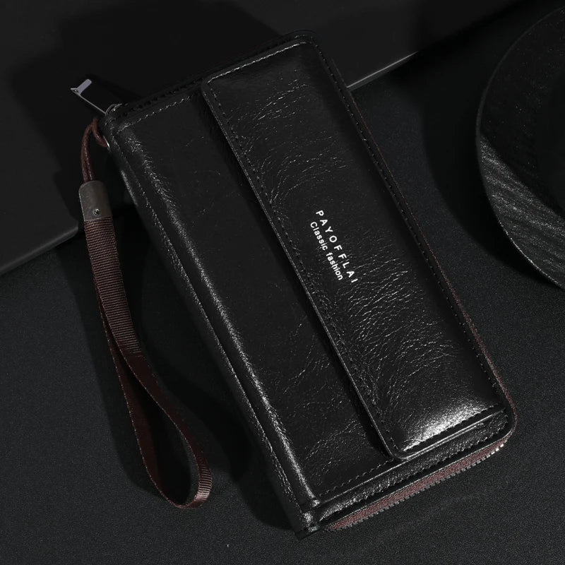 Men's PU Leather Zipper Wallet – Large Capacity Clutch Bag with Phone Holder, Card Slots & Coin Pocket