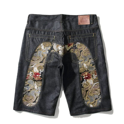 Men's Embroidered Denim Shorts - Black Hip-Hop Washed Cotton Shorts with Dragon & Cherry Blossom Design