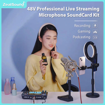 Zealsound Professional Podcast Sound Card Bundle - 48V XLR Microphone Audio Interface for PC Recording, Streaming, Singing & Gaming