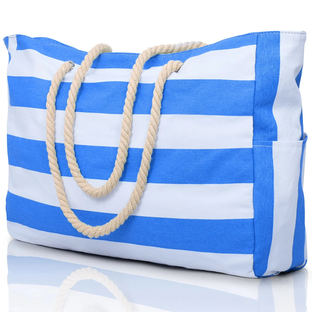Striped Waterproof Canvas Beach Bag – Zippered Foldable Tote for Outdoor Travel and Vacation, Sand-Resistant Design