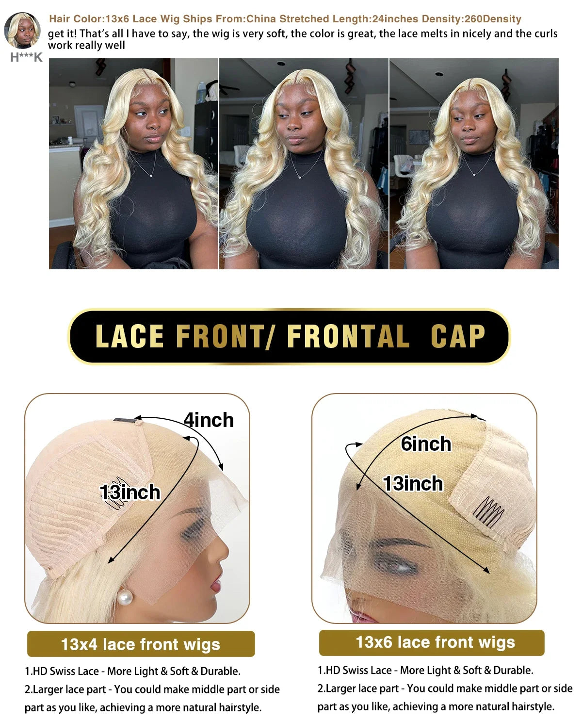 613 Honey Blonde Body Wave HD Lace Front Wig – 13x6 Transparent Lace, 13x4 Glueless Human Hair Wig, 180 Density for Women