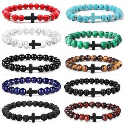 Natural Stone & Wood Bead Rosary Bracelet - Hematite Cross Meditation & Yoga Jewelry for Men & Women