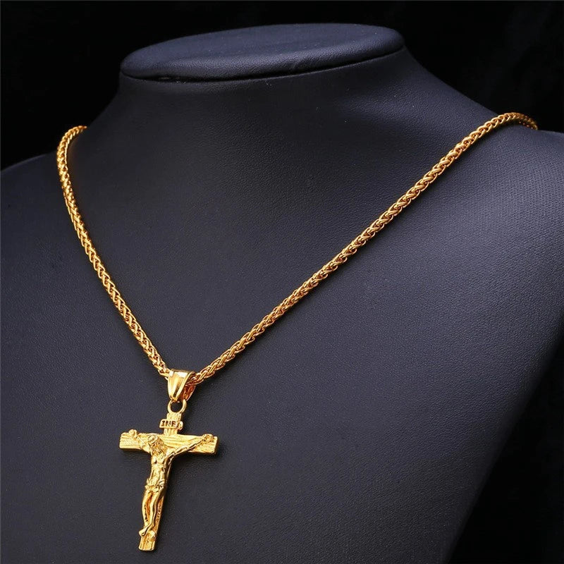 Religious Jesus Cross Necklace for Men - Fashion Gold Color Cross Pendant with Chain, Jewelry Gift for Men