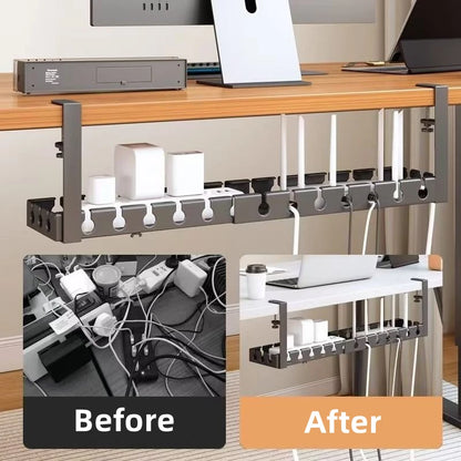 Under Desk Storage Rack – No Drill Metal Cable Management Tray, Retractable Power Strip & Wire Organizer for Home Office Desk Setup