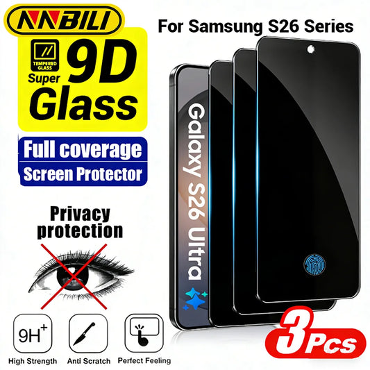 NNBILI Tempered Glass Screen Protector - 3 Pack Full Coverage Privacy Protection with Fingerprint Unlock for Samsung Galaxy S26 Series