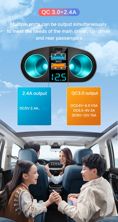 Dual-Port Car Charger Adapter – Digital Display, Simultaneous Charging for Multiple Devices