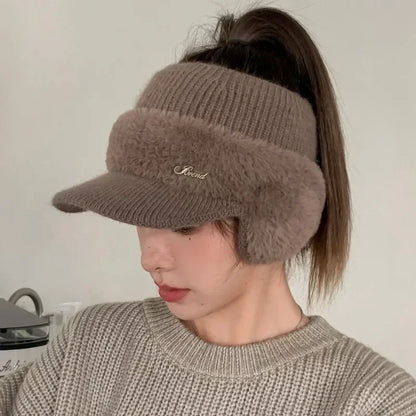 Winter Hats for Women 2023 – Fashionable Knitted Earflap Baseball Cap, Windproof Ponytail Visor for Outdoor Sports