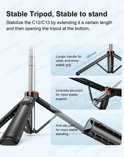 AXNEN Mobile Phone Tripod C12/C13 – 1325mm Stand for Cellphone & GoPro, with Wireless Bluetooth Remote for Live Streaming