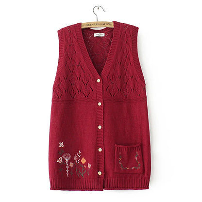 Plus Size Women's Embroidered Hollow Knit Sweater Vest – V-Neck Cardigan, Casual Autumn Fashion, E2 3023