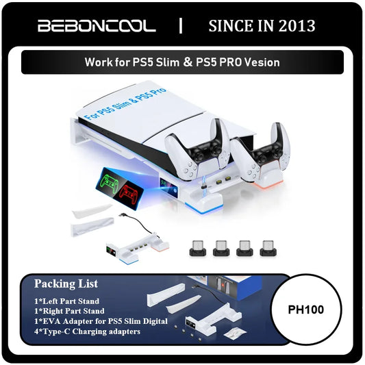 BEBONCOOL PH100 PS5 Pro & PS5 Slim Charging Stand with LED Lights – Horizontal Dock for PlayStation 5 Digital & Disc Version Accessories