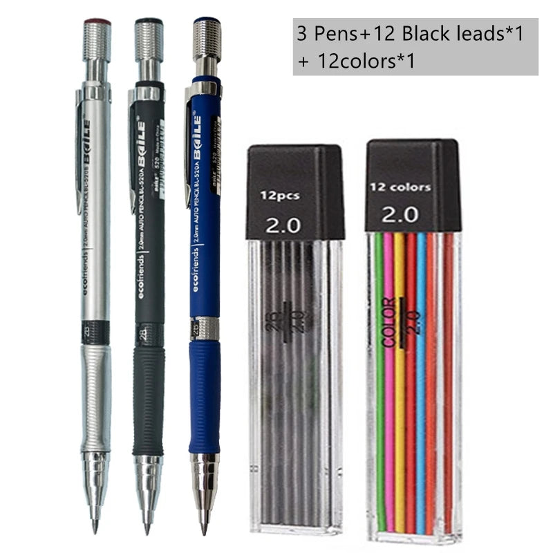 2.0mm Mechanical Pencil Set with 2B Black & Color Lead Refills – Automatic Pencil for Sketching, Drawing & Writing