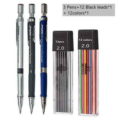 Mechanical Pencil Set 2.0mm – Automatic Pencil with 2B Black & Colored Lead Refills for Writing, Sketching, & Art Drawing
