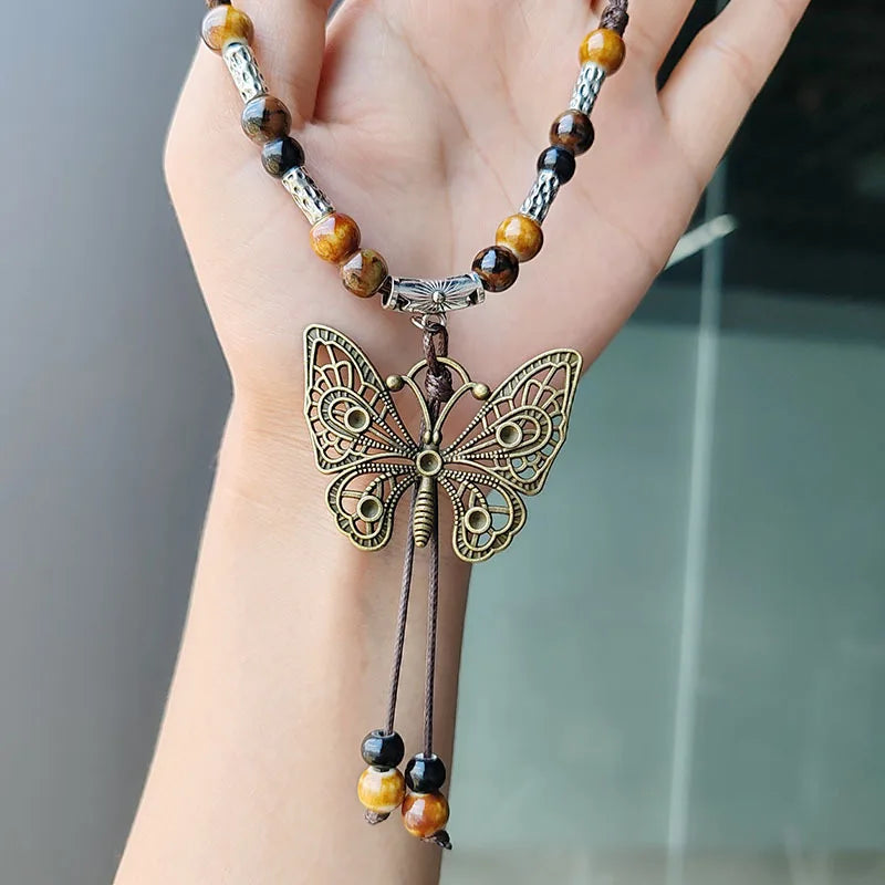 Vintage Butterfly Ceramic Necklace - Handmade Ethnic China-Chic Collar Chain Jewelry for Women’s Vacation Style