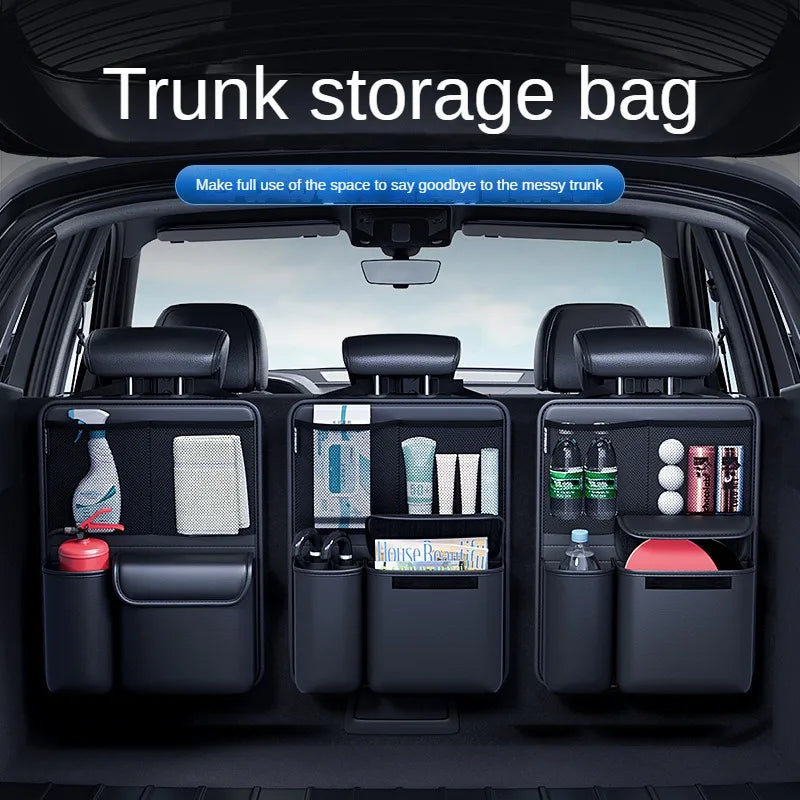 Car Trunk Leather Storage Bag – Foldable Seat Back Tools Organizer, UV-Protected Multifunctional Hanging Organizer for SUVs