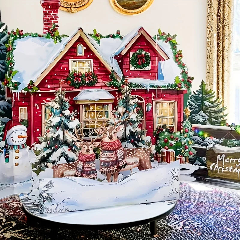 Pop-Up Christmas Card – Snowy Winter House with Gingerbread Design & Envelope Included