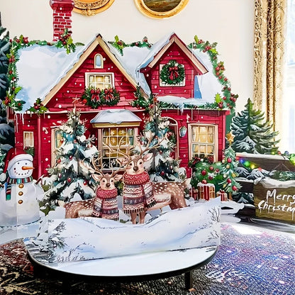 Pop-Up Christmas Card – Snowy Winter House with Gingerbread Design & Envelope Included