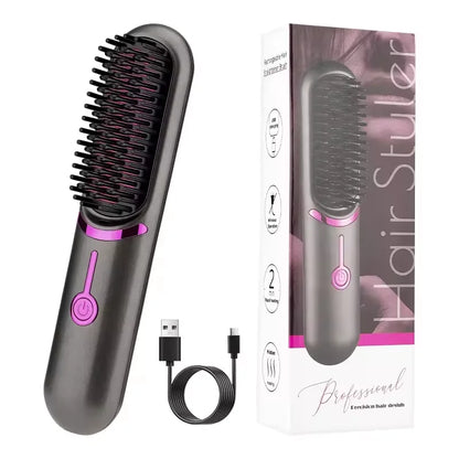 Cordless Mini Hair Straightening Brush – Portable Ionic Hot Comb for Women