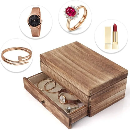 Vintage Solid Wood Jewelry Box – Two-Layer Necklace & Earring Display with Mirror