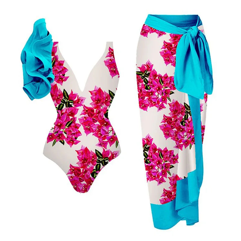 Blue One-Shoulder Ruffle Floral Monokini Swimsuit with Cover Up Sexy One Piece Beach Swimwear for Women Summer
