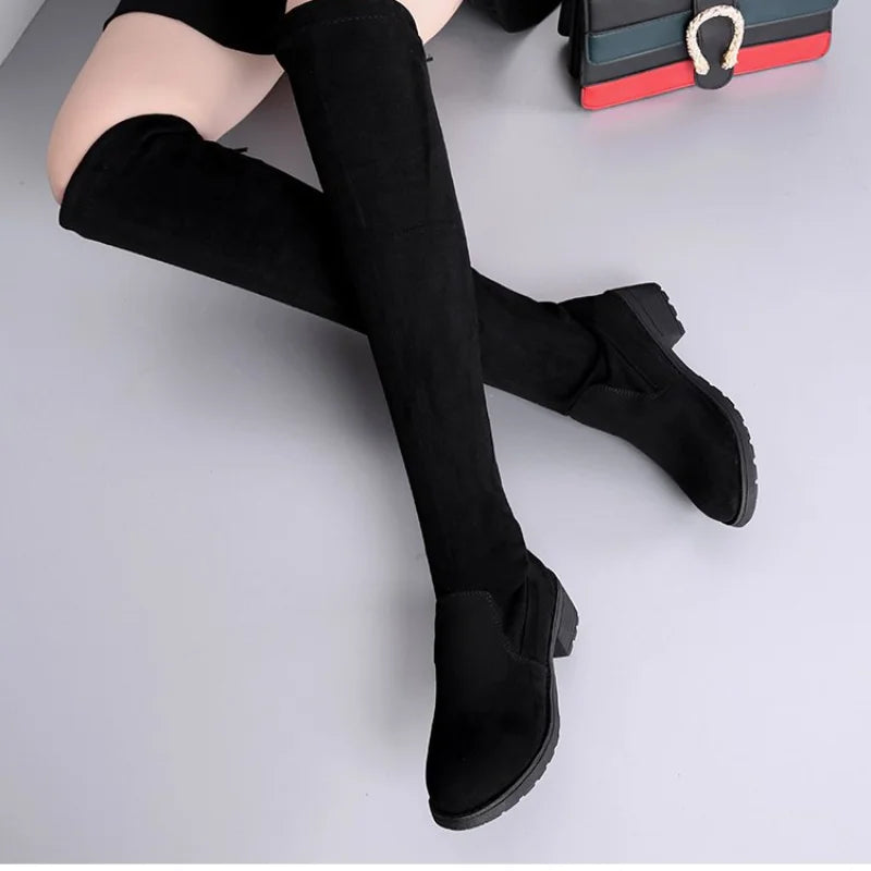 2024 Women's Winter Black Over-The-Knee Boots – Comfort Lace-Up, Chunky High Heels, Warm Suede, Round Toe