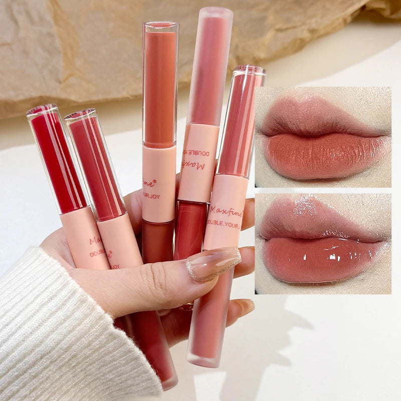 Double-End Lip Glaze – Glossy Mirror & Matte Velvet, Long-Lasting Color & Moisture, Anti-Stain Lip Gloss Cosmetic