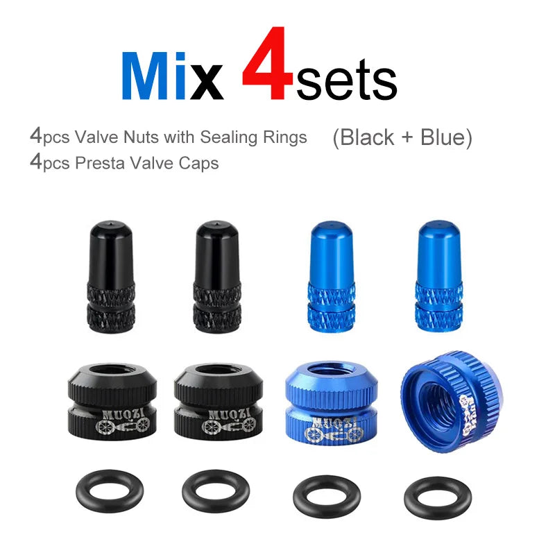 Bicycle Presta Valve Nut & Cap Set – Inner Tube Tire Nozzle Locking Screw with Sealing Ring Dust Protector