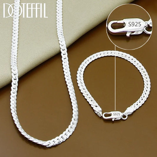 DOTEFFIL 925 Sterling Silver Side Chain Necklace & Bracelet – 6mm, 8-24 Inch, Fashion Charm Wedding Jewelry for Women & Men