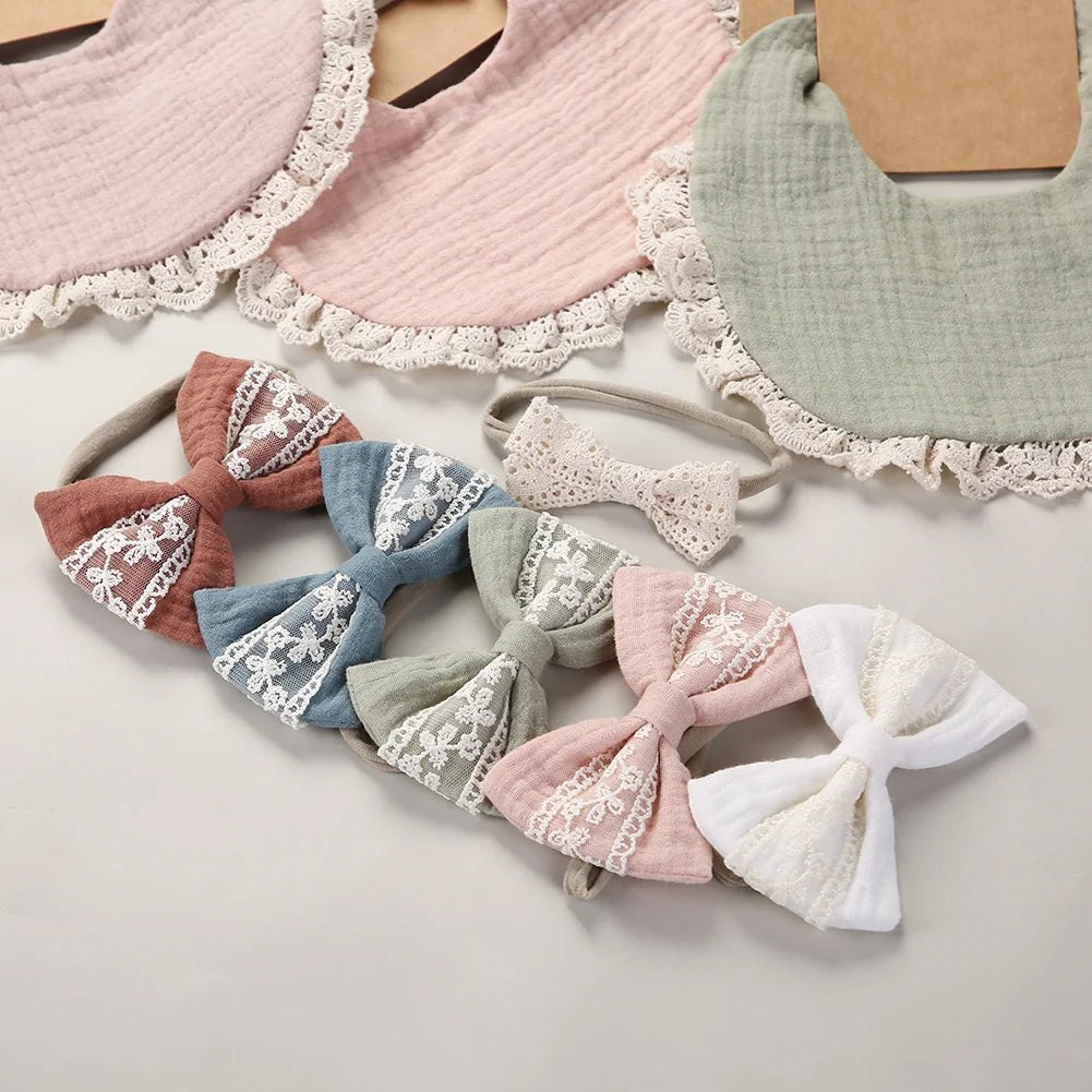 3PCS Baby Bib Set – Solid Muslin Cotton & Bamboo Feeding Drool Burp Cloth with Tassel Lace, Adjustable Infant Scarf for Boys & Girls