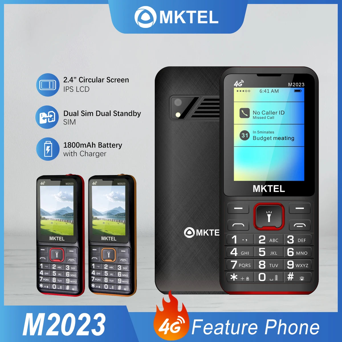 MKTEL M2023 4G Feature Phone – 2.4" Screen, Dual SIM, 1800mAh Battery, MP3/MP4/FM Radio, Puguang Lamp
