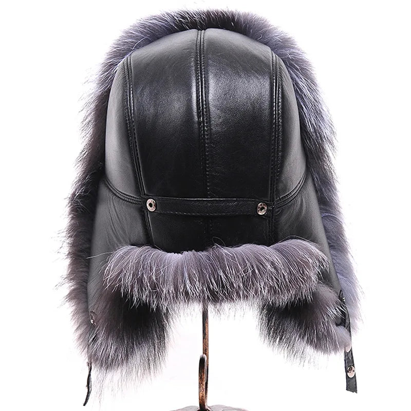 Men's Luxury Fox Fur Lei Feng Hat with Ear Flaps - 100% Sheepskin Top, Real Fur Winter Cap