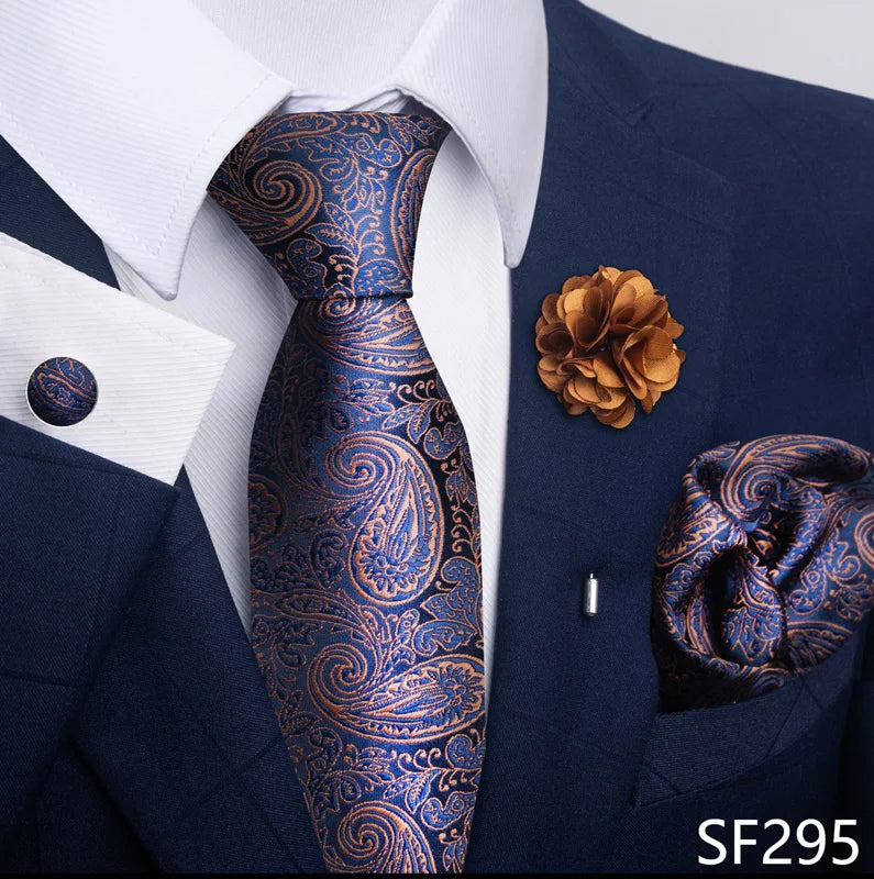 Luxury Men's Floral Black and Gold Tie Set - Paisley Necktie with Pocket Square, Cufflinks and Brooch for Weddings and Parties