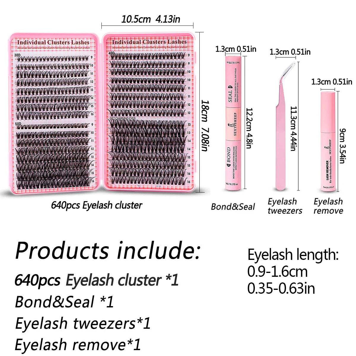 Eyelash Extension Kit – 640pcs DIY Lash Clusters (9-16mm), Mix Curl, with Tweezers, Glue & Remover