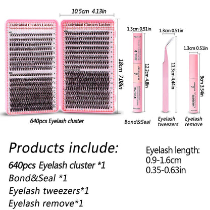 Eyelash Extension Kit – 640pcs DIY Lash Clusters (9-16mm), Mix Curl, with Tweezers, Glue & Remover