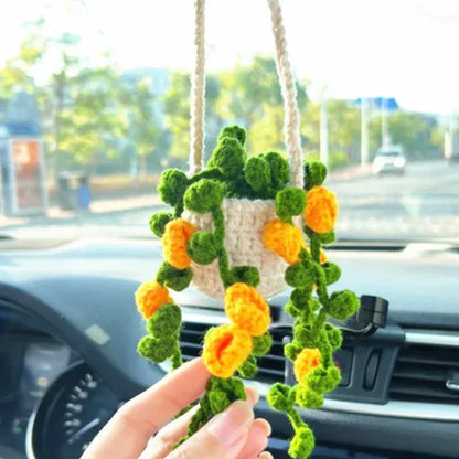 Cute Crochet Potted Plants Car Basket – Hanging Car Decor & Rear View Mirror Ornament Accessories