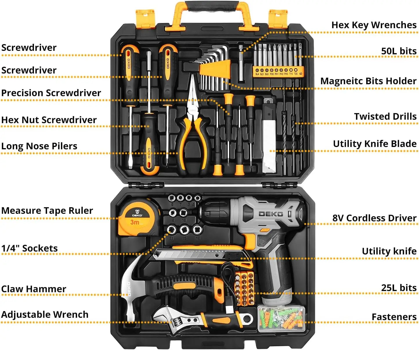 DEKO 126-Piece Power Tool Combo Kit – 8V Cordless Drill with 10MM Keyless Chuck, Professional Home Tool Set